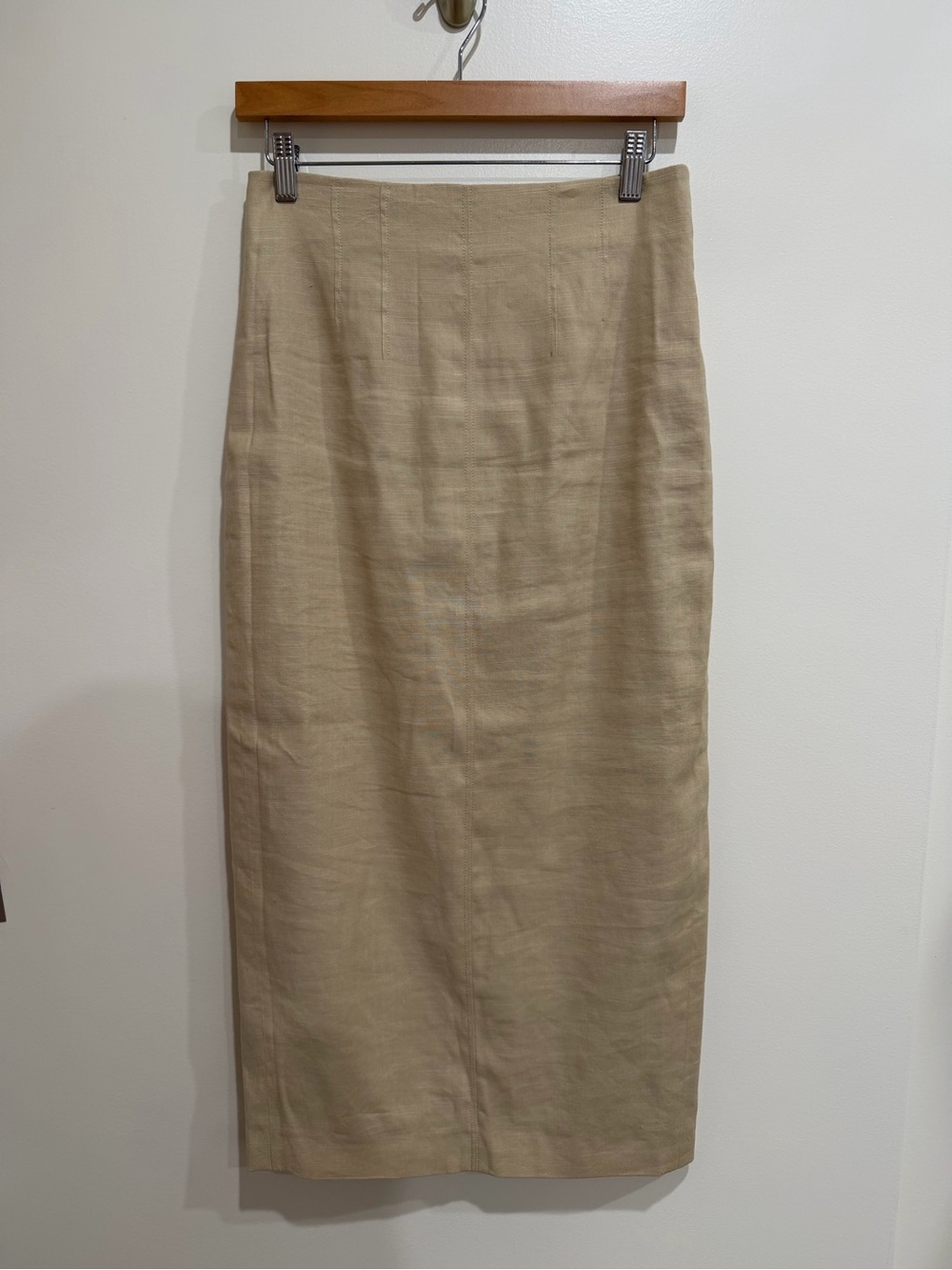 Veronica Beard Neutral Beige Linen-Blend Midi Pencil Skirt